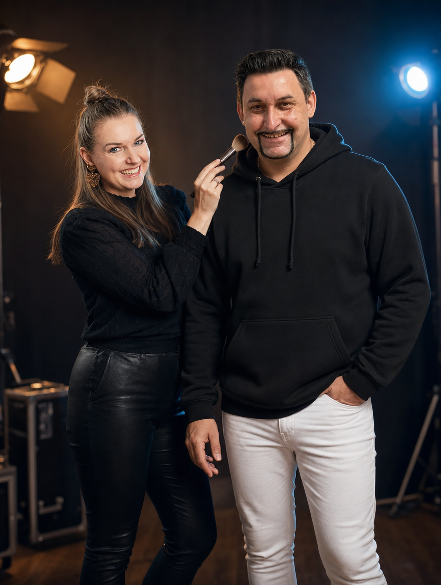 Denny Schönemann mit Maskenbildnerin am Set