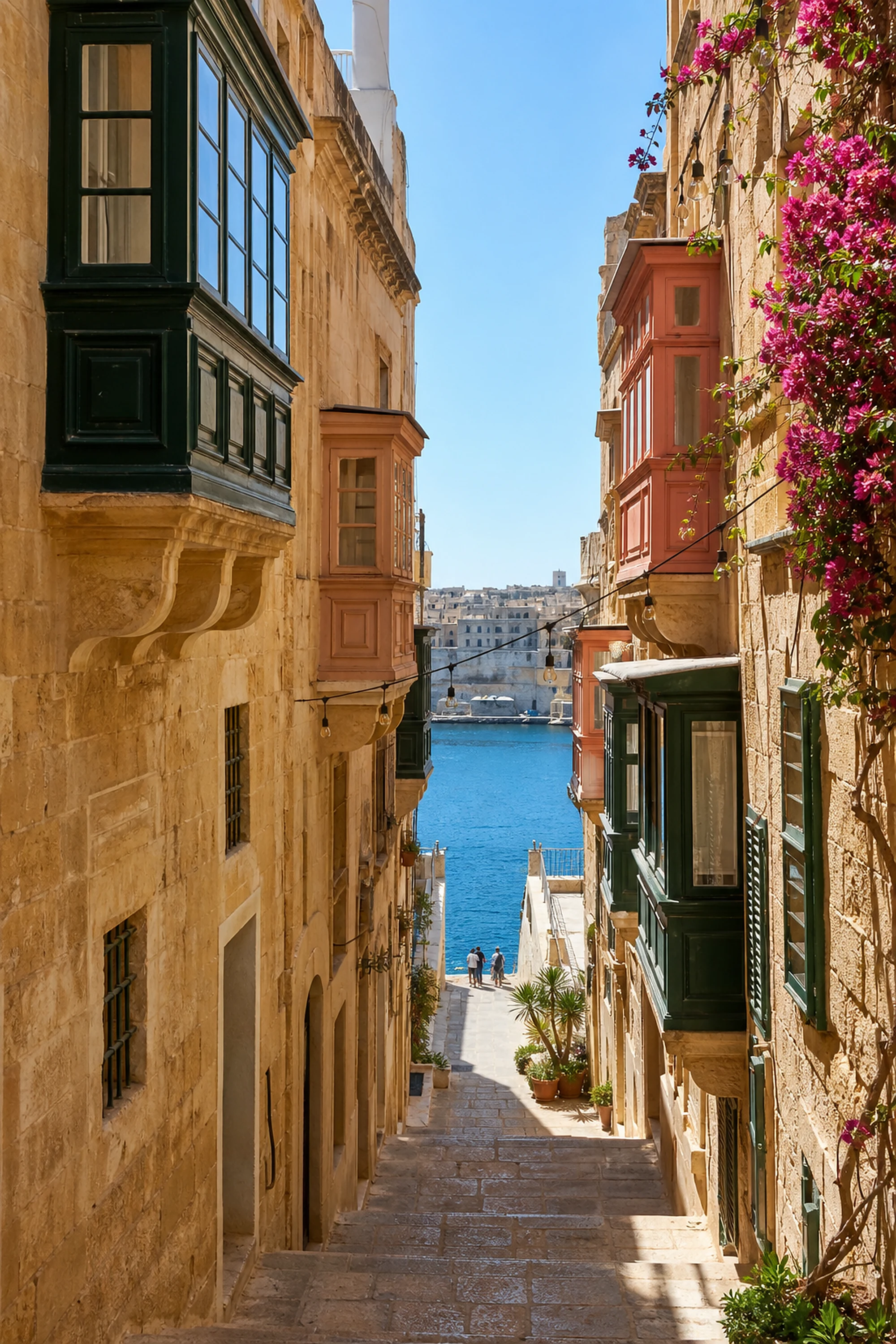Historische maltesische Gasse mit traditionellen Balkonen und Meerblick