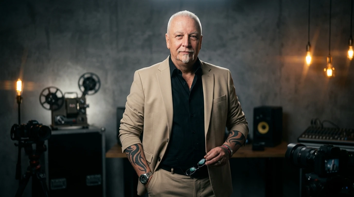 Mikel Marz im beigen Anzug in einem Film- und Musikstudio