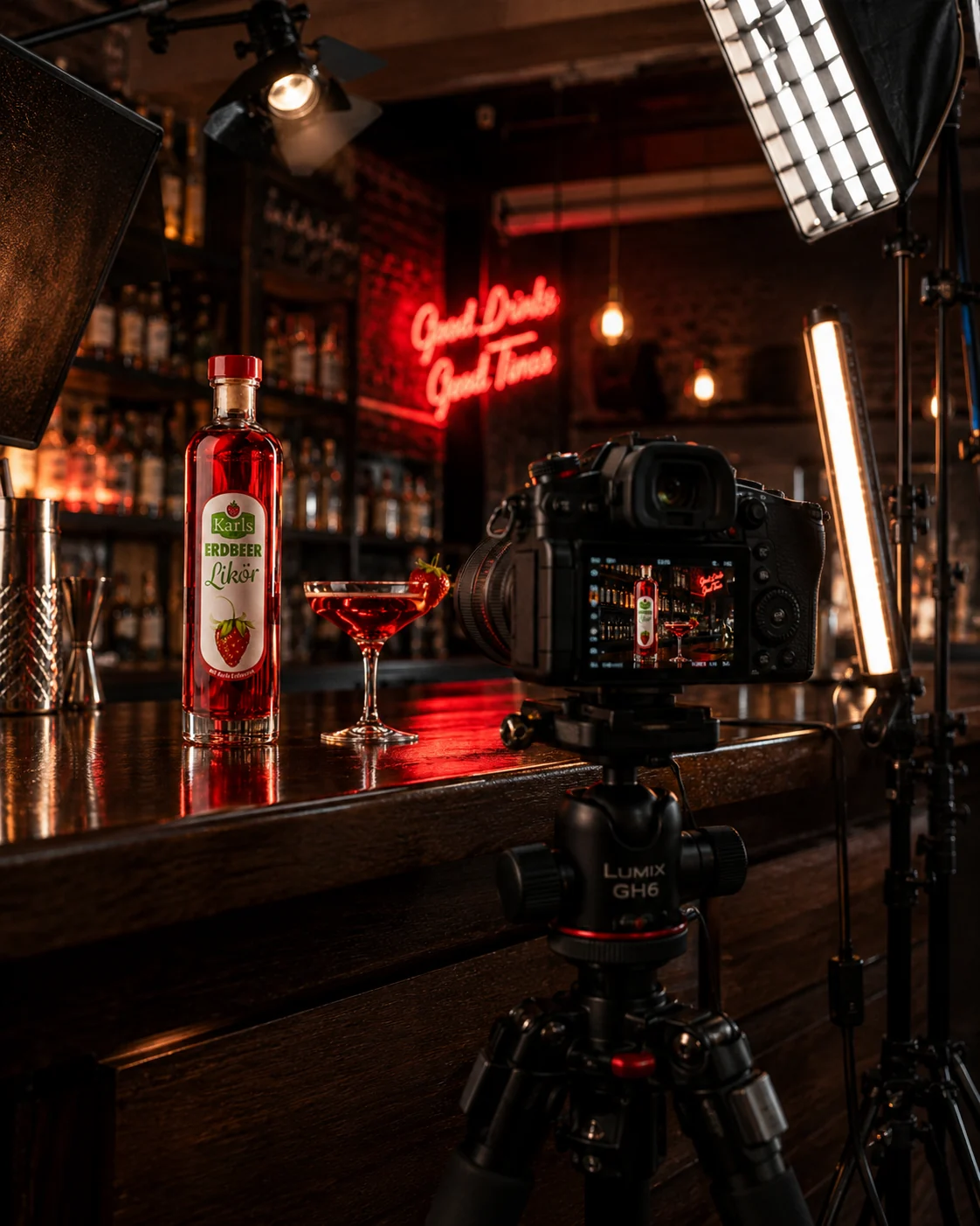 Professionelles Fotoset für eine Flasche Erdbeerlikör