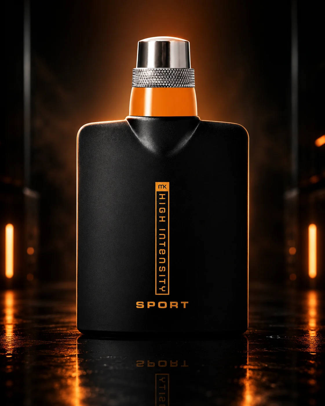 Schwarzer Parfumflakon mit orangefarbener Lichtkante