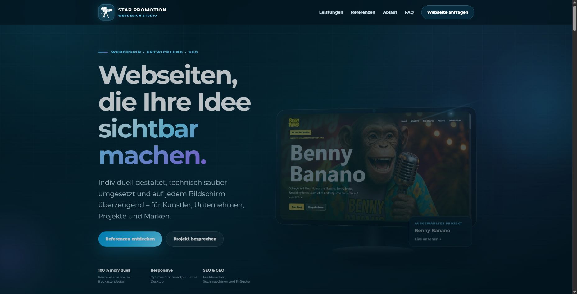 Webdesign-Landingpage von Star Promotion mit hochwertiger Projektpräsentation
