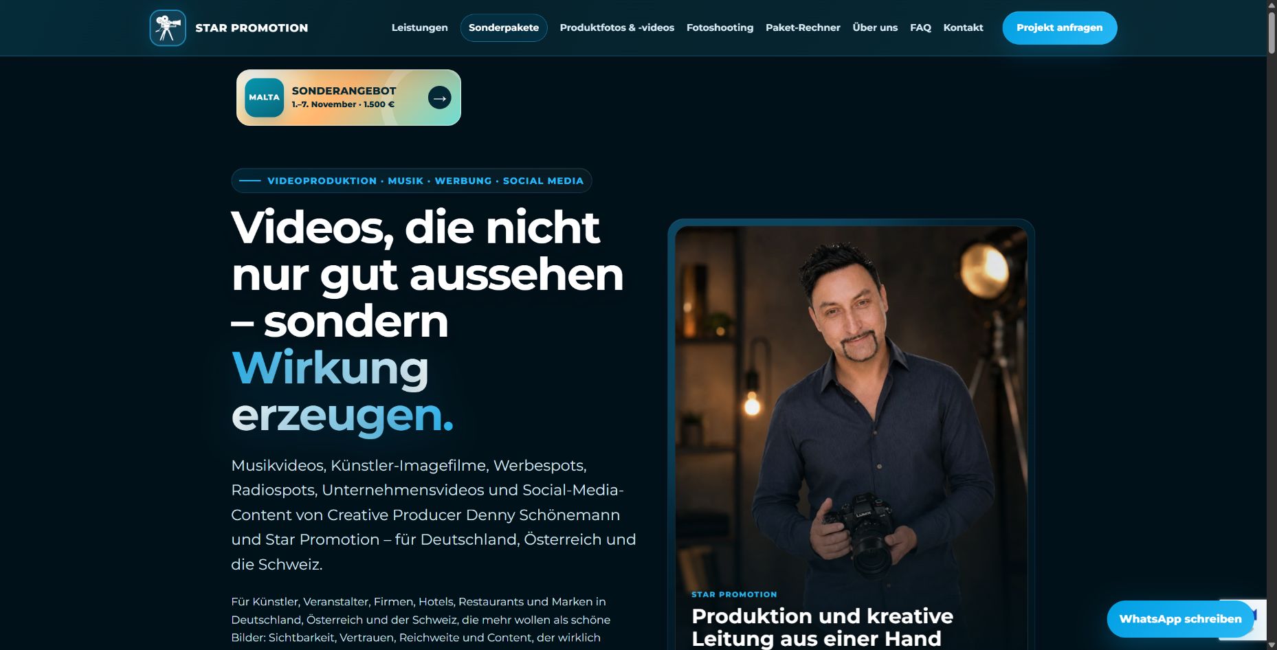 Screenshot der Star Promotion Webseite